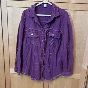 Vibrant Purple Distressed Jean Button-Up Shirt